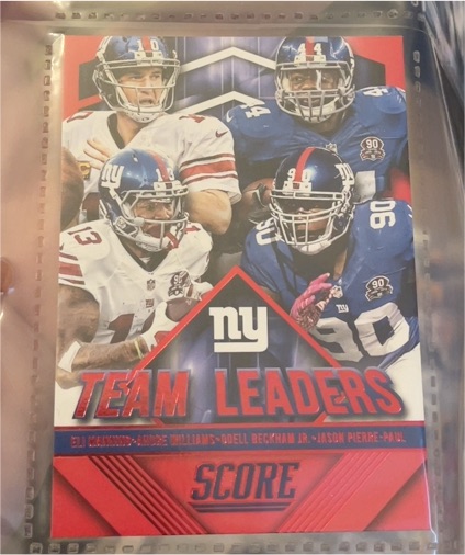2015 Panini Score #7 Team Leaders Eli Manning, Andre Williams, Odell Beckham Jr., Jason Pierre-Paul — front