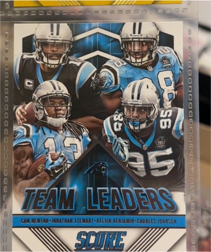 2015 Panini Score #21 Team Leaders Cam Newton/Charles Johnson/Jonathan Stewart/Kelvin Benjamin — front