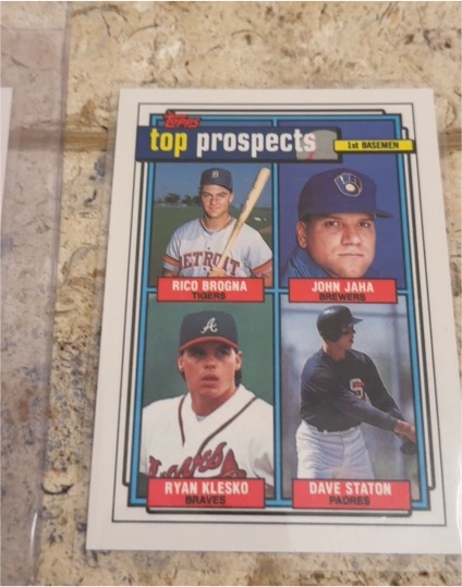1992 Topps #126 Top Prospects Ryan Klesko, John Jaha, Rico Brogna, Dave Staton — front