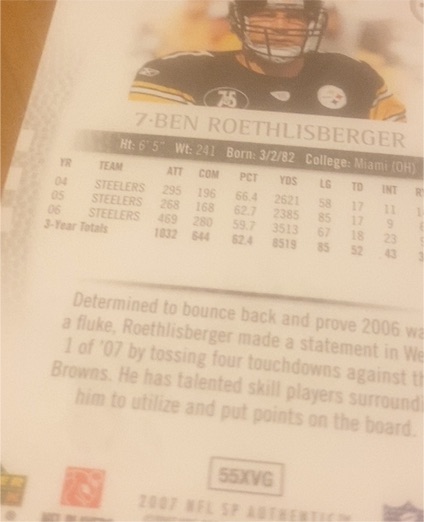 2007 SP Authentic #55XVG Ben Roethlisberger — front
