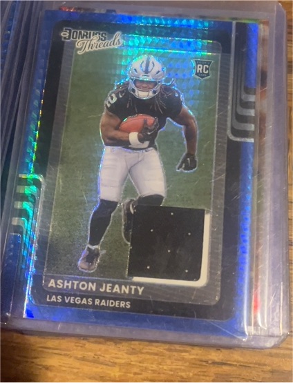 2025 Panini Donruss Optic #DTBH-AJY Ashton Jeanty Donruss Threads Blue Hyper Prizm Patch RC — front