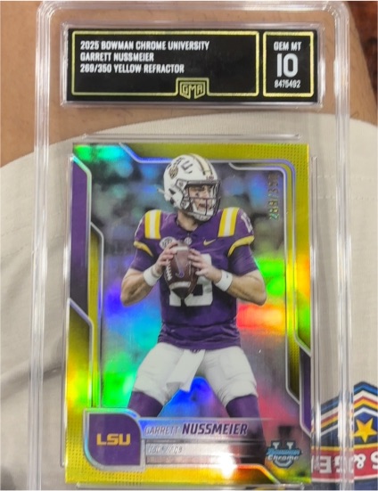 2025 Bowman University Chrome #189 Garrett Nussmeier Yellow Refractor /350 — front