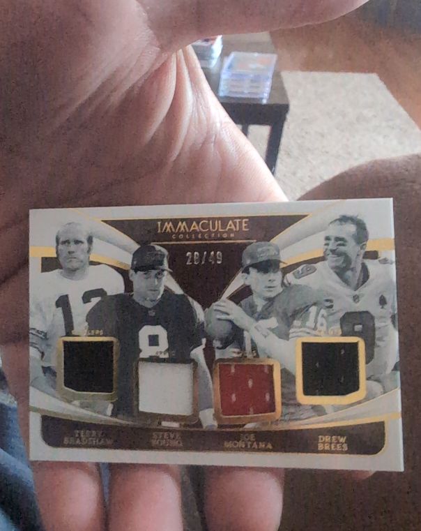 2024 Panini Immaculate Collection IM-QB1 Terry Bradshaw Steve Young Joe Montana Drew Brees Quad Patch — front