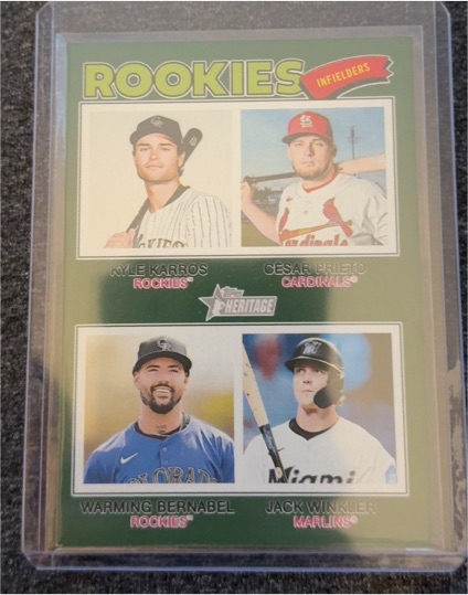 2026 Topps Heritage #394 Rookie Infielders Kyle Karros Cesar Prieto Warming Bernabel Jack Winkler — front