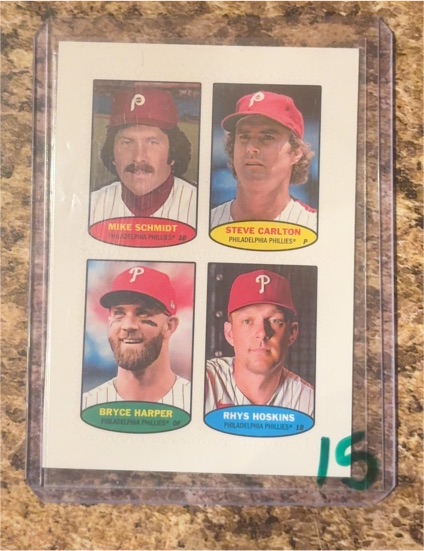 2023 Topps Heritage 1974 Baseball Stamps #74BS-29-32 Mike Schmidt, Steve Carlton, Bryce Harper, Rhys Hoskins — front