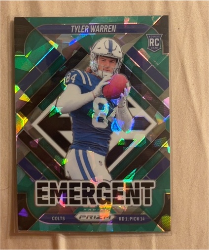 2025 Panini Prizm #13 Tyler Warren Emergent Green Ice Prizm Rookie Card — front