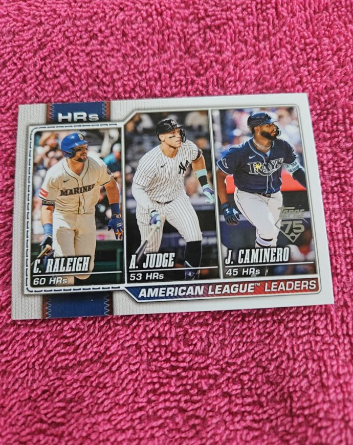 2026 Topps Series 1 #38 American League Leaders HRs Cal Raleigh Aaron Judge Junior Caminero — front