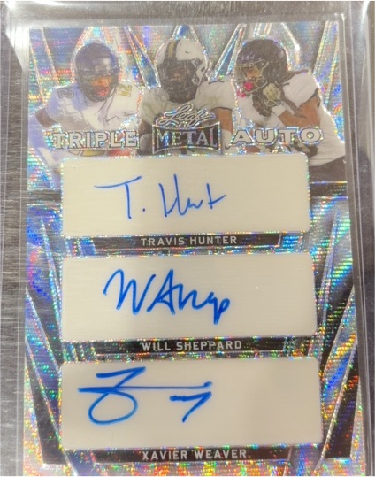 2024 Leaf Metal #TA-5 Travis Hunter, Will Sheppard, Xavier Weaver Triple Autographs — front