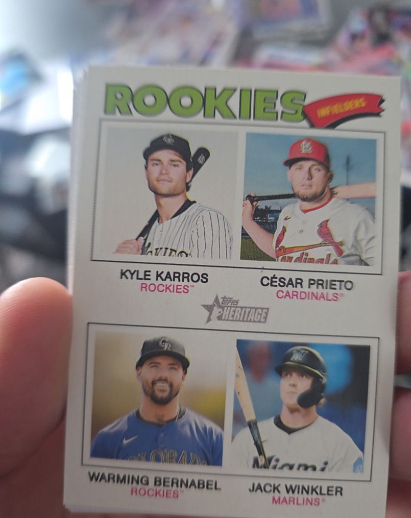 2026 Topps Heritage #394 Rookie Infielders Kyle Karros César Prieto Warming Bernabel Jack Winkler — front