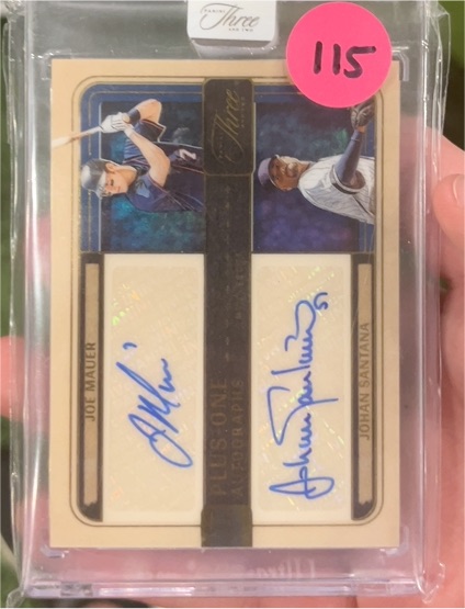 2025 Panini Three and Two Plus One Autographs #/49 Joe Mauer Johan Santana — front