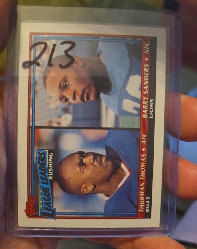 1991 Topps #9 1990 Rushing Leaders Barry Sanders / Thurman Thomas — front
