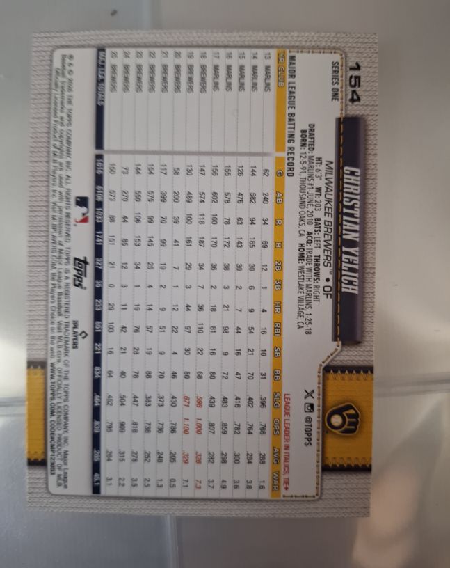 2026 Topps Series One #154 Christian Yelich — front