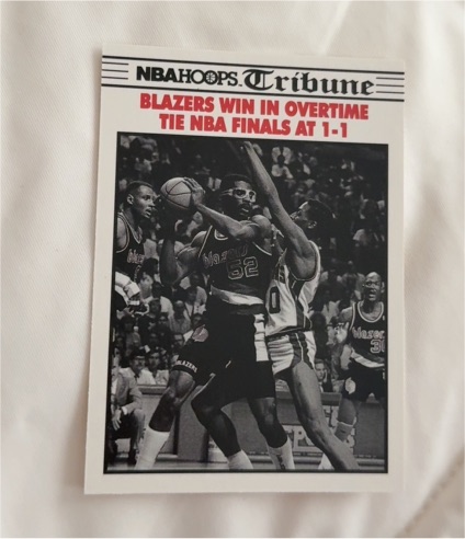 1990-91 NBA Hoops Tribune #338 Blazers Win in Overtime Tie NBA Finals At 1-1 — front
