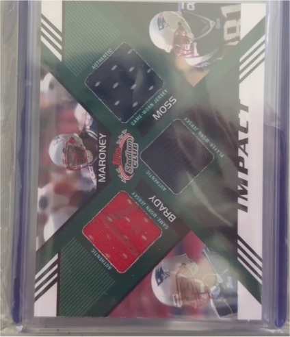 2008 Topps Stadium Club Impact Triple Relic #TR-LBM Tom Brady Laurence Maroney Randy Moss — front