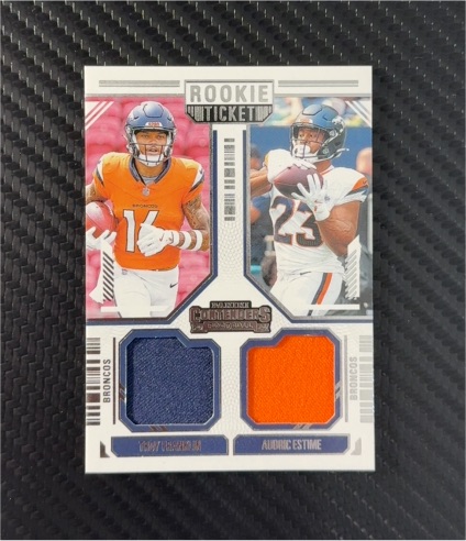 2024 Panini Contenders #DS-9 Troy Franklin & Audric Estime Rookie Ticket Dual Patch — front