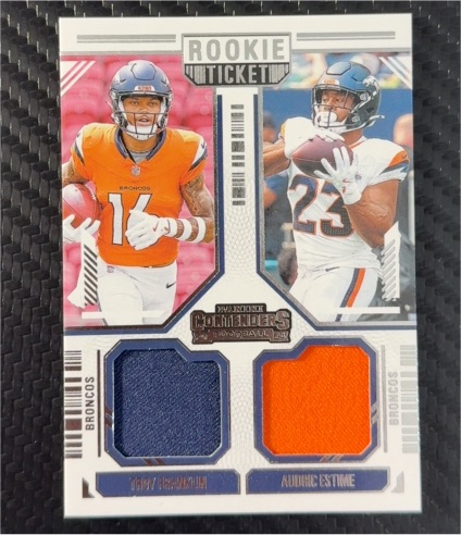2024 Panini Contenders #DS-9 Troy Franklin & Audric Estime Rookie Ticket Dual Patch — front