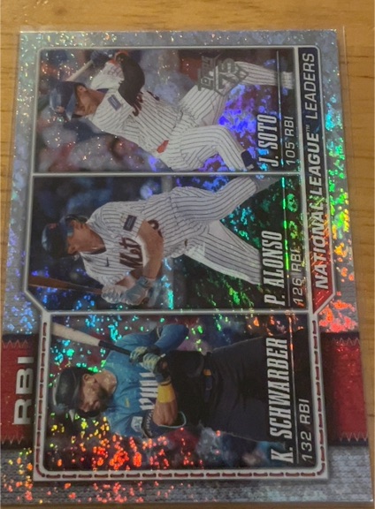2026 Topps Series 1 #11 NL RBI Leaders Kyle Schwarber, Pete Alonso, Juan Soto — front