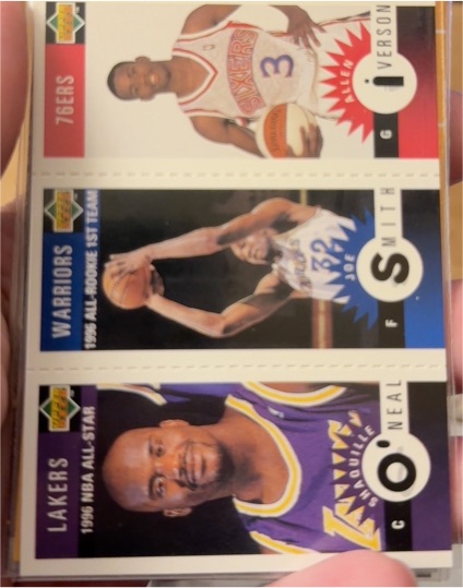 1996-97 Upper Deck Collector's Choice Mini-Cards #M132/M117/M152 Allen Iverson / Shaquille O'Neal / Joe Smith — front