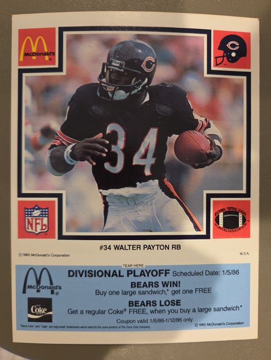 1985 McDonald's Chicago Bears Super Bowl Yellow Tab #34 Walter Payton — front