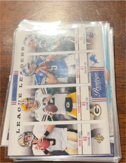 2012 Panini Prestige League Leaders #23 Tom Brady Drew Brees Aaron Rodgers Matthew Stafford — front