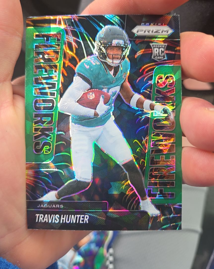 2025 Panini Prizm #13 Travis Hunter Fireworks Green RC — front