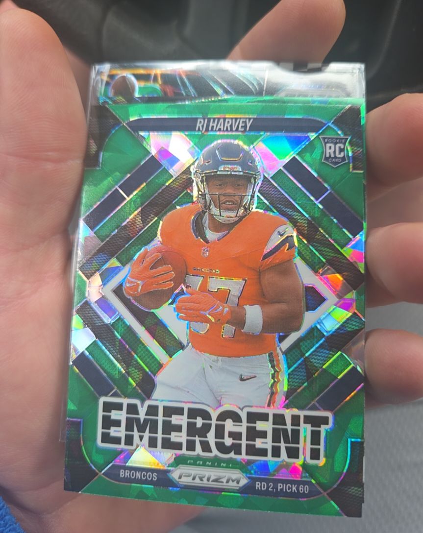 2025 Panini Prizm #16 RJ Harvey Emergent Green Rookie — front