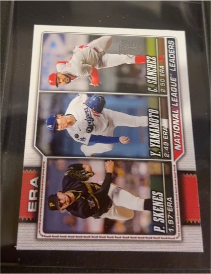 2026 Topps Series 1 #203 National League ERA Leaders Paul Skenes, Yamamoto, Sánchez — front