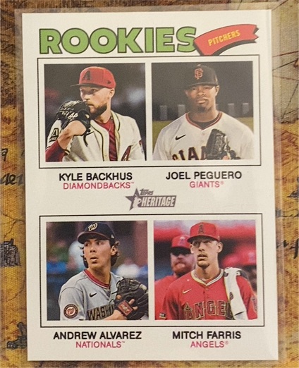 2026 Topps Heritage #393 Rookie Pitchers Kyle Backhus / Joel Peguero / Andrew Alvarez / Mitch Farris — front