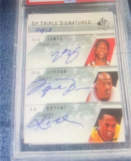 2004 SP Authentic Triple Signatures #/15 LeBron James Michael Jordan Kobe Bryant — front