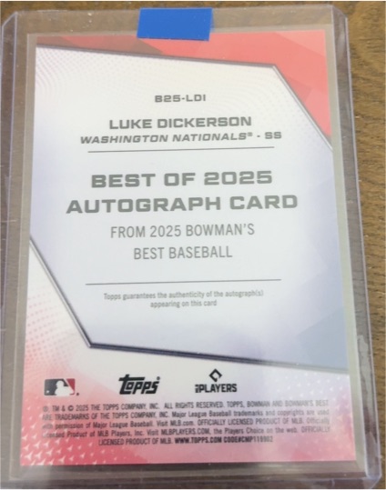 2025 Bowman's Best #B25-LDI Luke Dickerson Best of 2025 Autograph — front