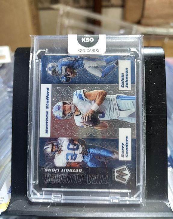 2020 Panini Mosaic #FF7 Barry Sanders/Matthew Stafford/Calvin Johnson Flea Flicker — front