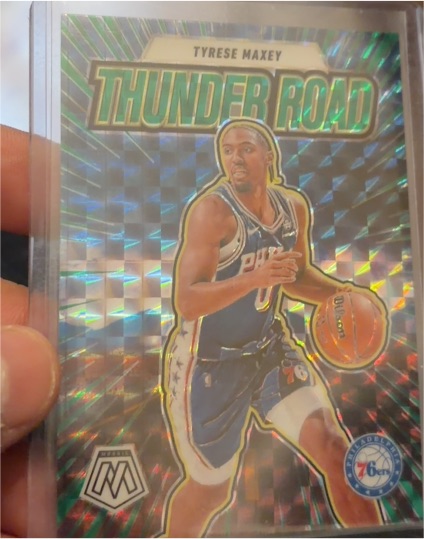 2024-25 Panini Mosaic #12 Tyrese Maxey Thunder Road Green Mosaic Prizm — front