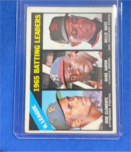 1966 Topps #215 1965 NL Batting Leaders Willie Mays, Roberto Clemente, Hank Aaron — front