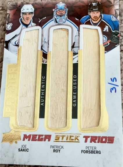 2008 Upper Deck Premier Mega Stick Trios #Mega Trios Joe Sakic Patrick Roy Peter Forsberg — front