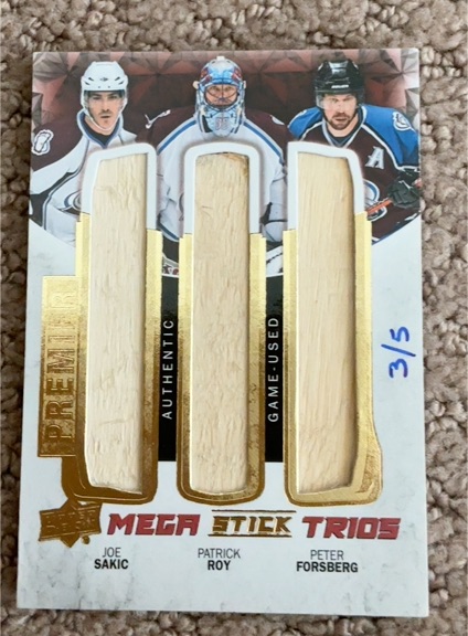 2009-10 Upper Deck O-Pee-Chee Premier Mega Stick Trios #PR-TRIO Joe Sakic / Patrick Roy / Peter Forsberg — front