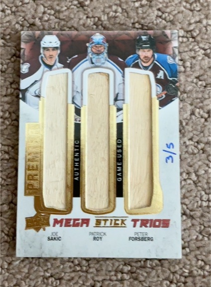 2014 Upper Deck Premier Mega Stick Trios Joe Sakic Patrick Roy Peter Forsberg — front