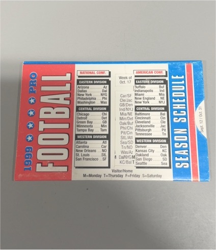 1999 PFO Pro Football Season Pocket Slide Schedule — front