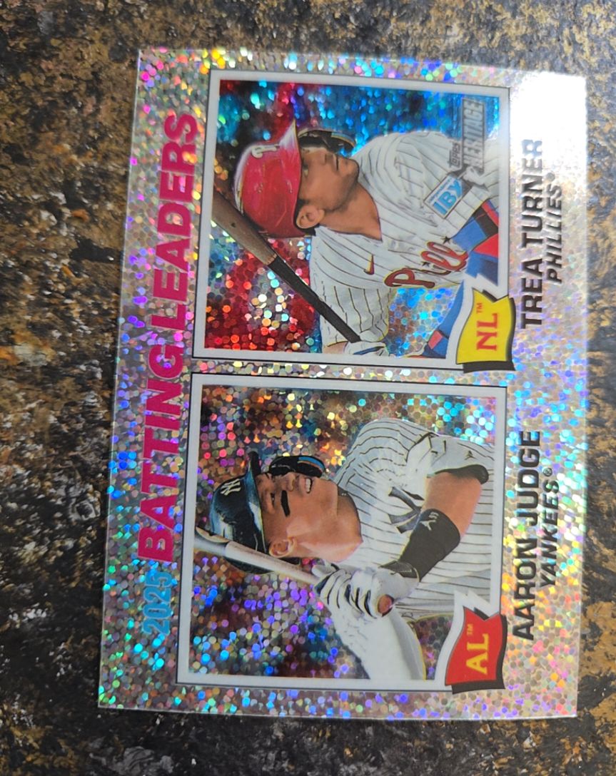 2026 Topps Heritage #1 Aaron Judge / Trea Turner Batting Leaders Silver Sparkle — front