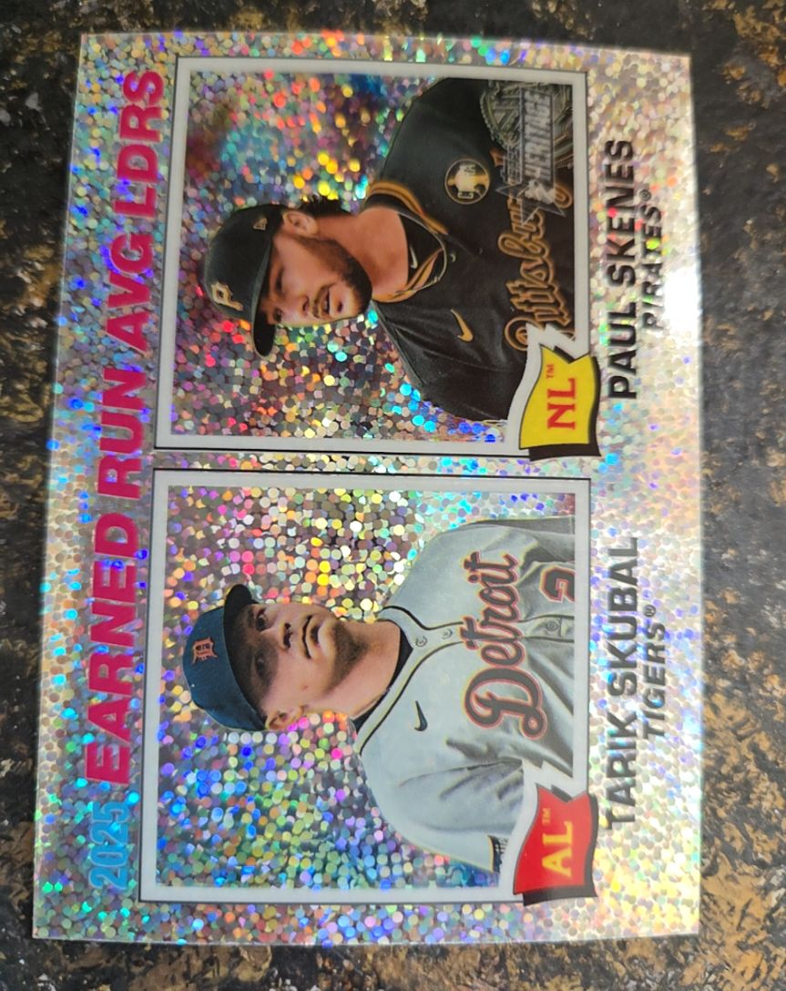 2026 Topps Heritage #7 Paul Skenes / Tarik Skubal ERA Leaders Silver Sparkle — front