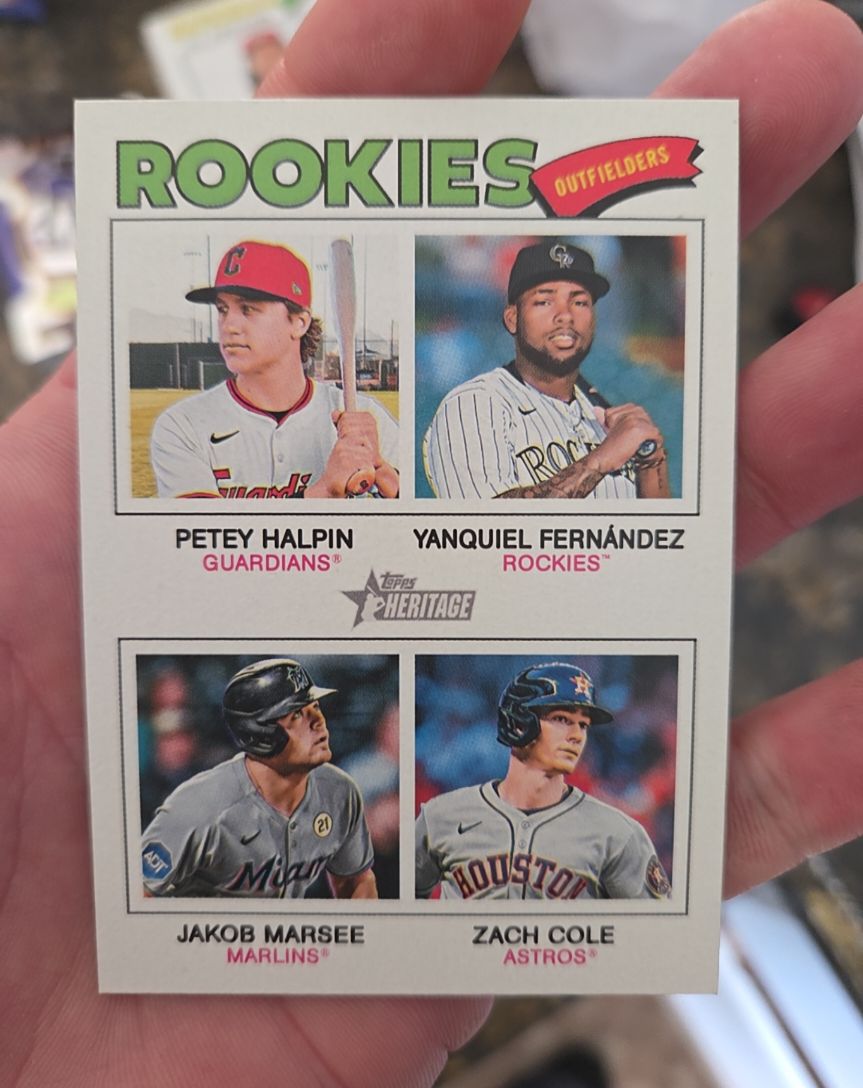 2026 Topps Heritage #392 Rookie Outfielders Petey Halpin Yanquiel Fernández Jakob Marsee Zach Cole — front
