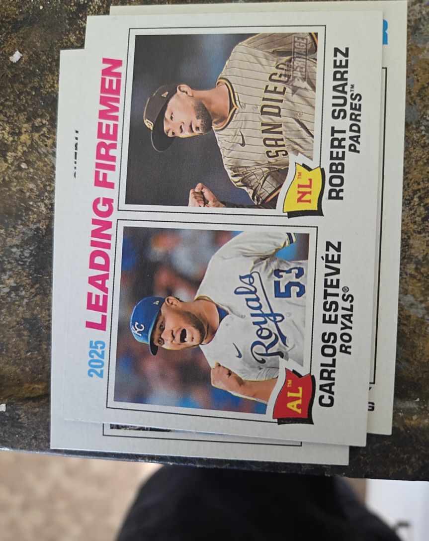 2026 Topps Heritage #8 2025 Leading Firemen Carlos Estévez / Robert Suarez — front