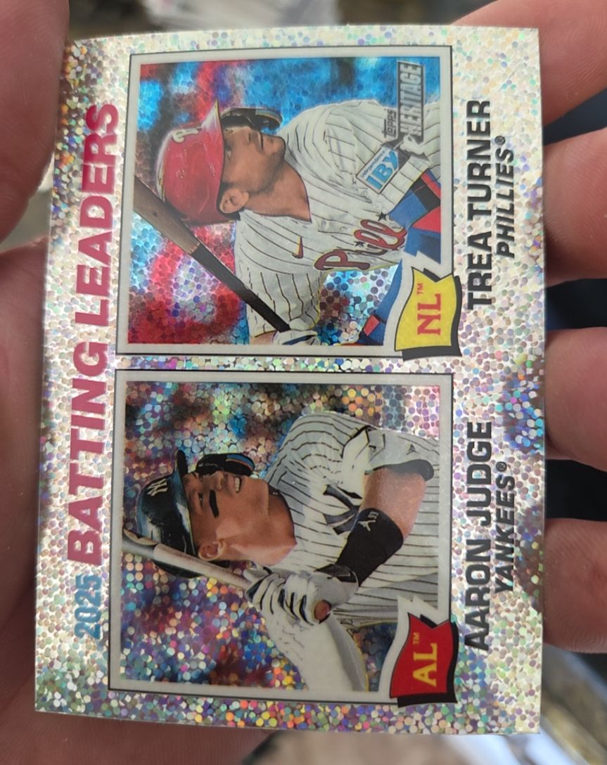 2026 Topps Heritage #1 Aaron Judge / Trea Turner Batting Leaders Silver Sparkle — front