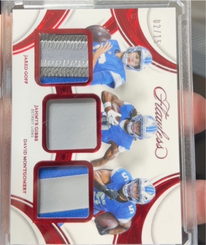 2025 Panini Flawless Triple Patches #TP-DET Jared Goff Jahmyr Gibbs David Montgomery — front
