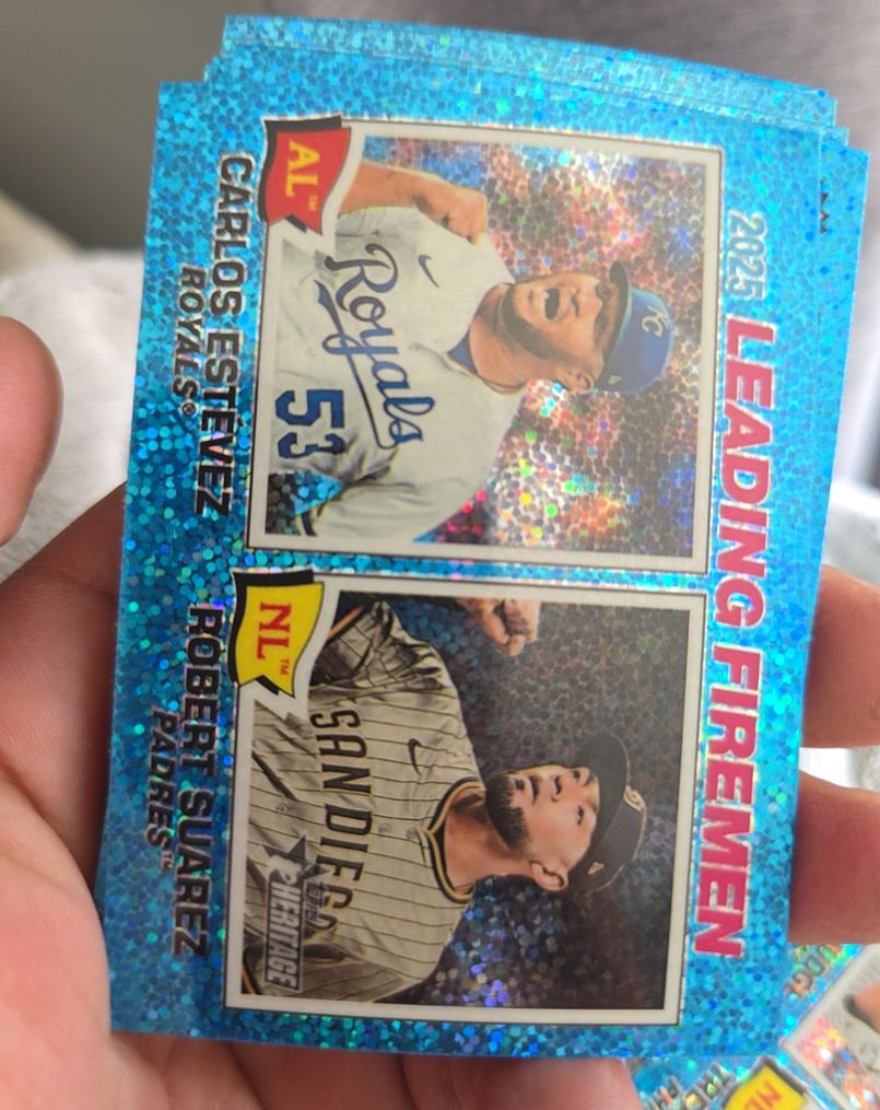 2026 Topps Heritage #8 2025 Leading Firemen Carlos Estevez & Robert Suarez — front