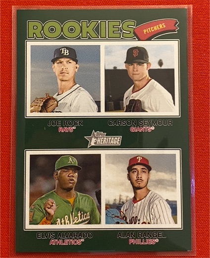 2026 Topps Heritage #389 Rookie Pitchers Joe Rock, Carson Seymour, Elvis Alvarado, Alan Rangel — front