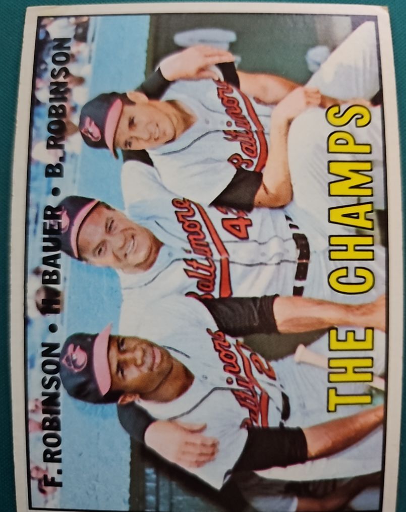 1967 Topps #1 The Champs Frank Robinson, Hank Bauer, Brooks Robinson — front