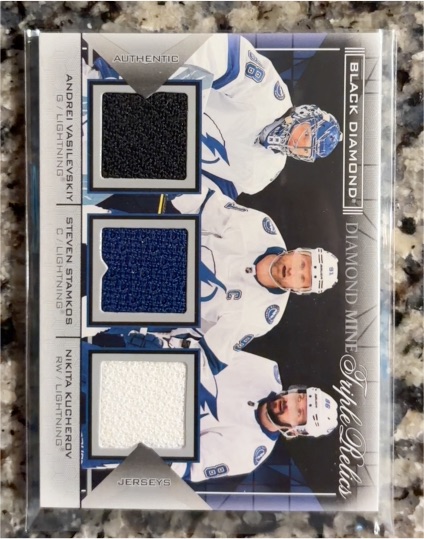 2024 Upper Deck Black Diamond Diamond Mine Triple Relics #DMTR-ASK Andrei Vasilevskiy Steven Stamkos Nikita Kucherov — front