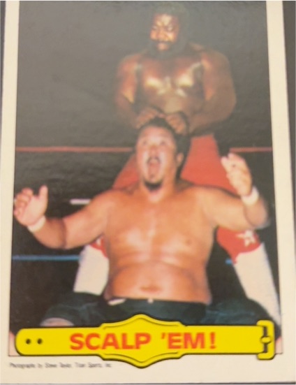 1985 Topps WWF #24 Scalp 'Em! Junk Yard Dog & Mr. Fuji — front