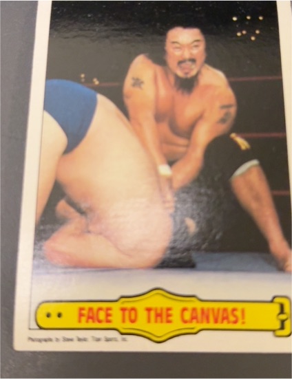 1985 Topps WWF #43 Mr. Fuji Face To The Canvas! — front