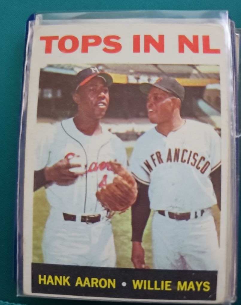 1964 Topps #423 Tops In NL Hank Aaron Willie Mays — front